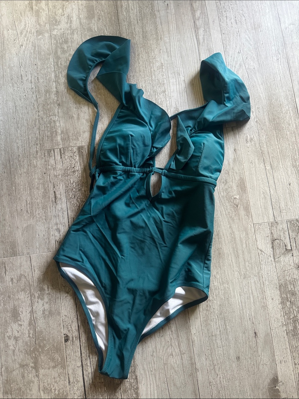 Amazon Teal Ruffle Shoulder One-Piece Swimsuit with Front Keyhole